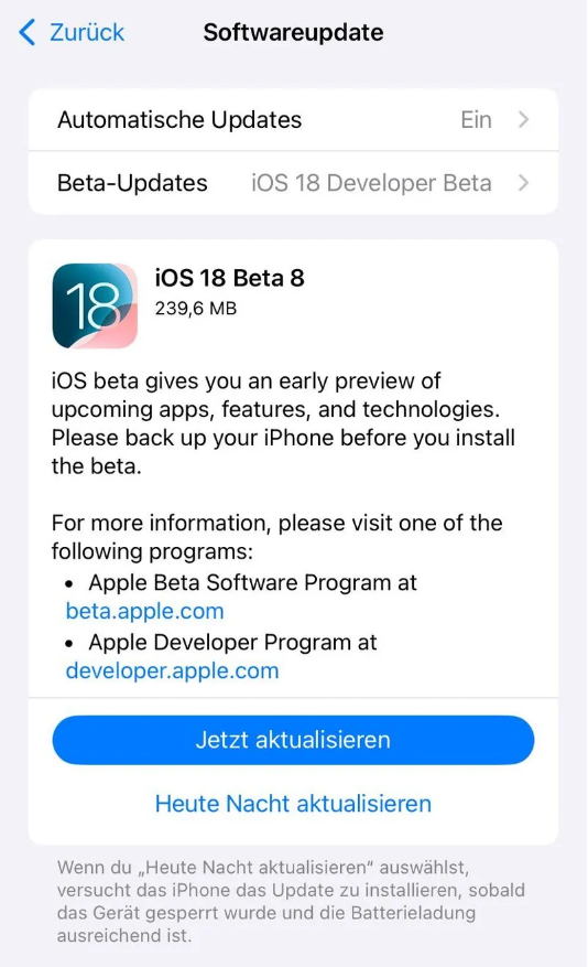 凉山苹果手机维修分享苹果 iOS / iPadOS 18 开发者预览版 Beta 8 发布 